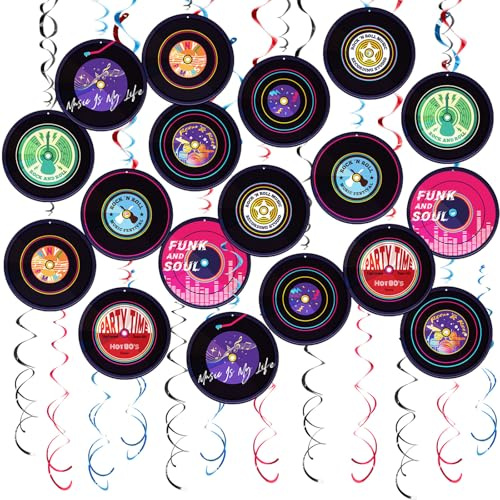 Vsosfiza Rock And Roll Record Party Hanging Swirls, 48 Pcs, Music Theme Disco Party Decorations, Vinyl Record Design For 90s Or 50s Style Rock Music Dj Party Supplies, Black And Multicolor
