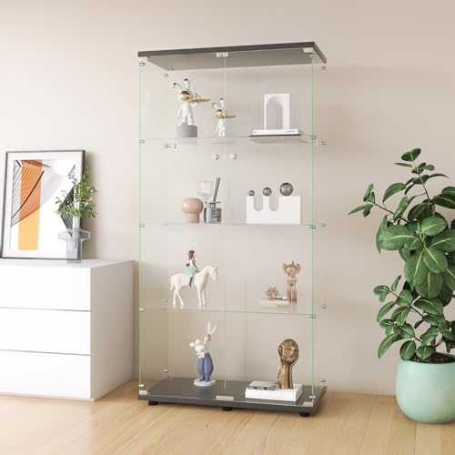 FEEOHOME Monter i glas, uppsamling, genomskinligt displayfodral på stativ härdat modernt 4 lager glas med 2 dörrar, för vardagsrum och sovrum, kontor, 80 x 36 x 164 cm (svart)