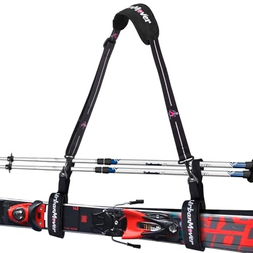 UrbanMover Ski Carrier Strap for Ski and Pole Adjustable Carrying Strap, Padded Shoulder, Portable Downhill Ski Gears, Skiing Pink Skull