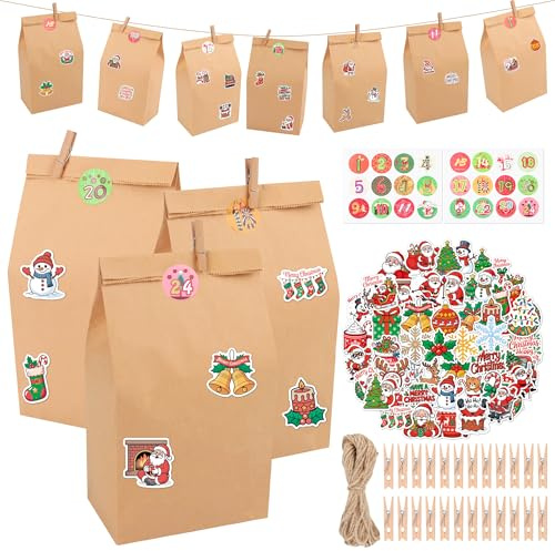 PaiTaiChan 24 Stück Adventskalender Tüten zum Befüllen Adventskalender Selber Befüllen Weihnachtskalender Tüten 2025 DIY Basteln Papiertüten für Kinder Mädchen Junge