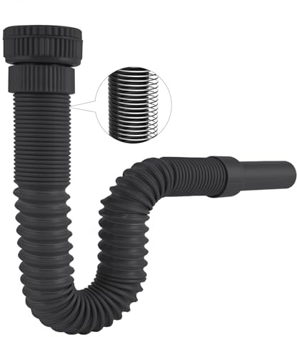 Hibbent Flexibler Ablaufschlauch mit Verstärkter Stahldraht & Adapter, Passend für G1 1/4(40.4mm) & G1 1/2(46.3mm) x 32mm Abläufe, Geruchsverschluss Siphon für Küche & Bad,Schwarz