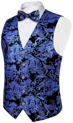 Generisch Chaleco de traje para hombre con pajarita con estampado de cachemira, conjunto festivo de chaleco jacquard y lazo, elegante chaleco para bodas, bailes y ocasiones especiales, Style_p01 Blue