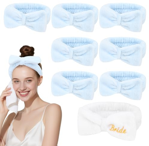 KEUKORZ 8 Stück Blau und weiße Spa Makeup Kosmetik Stirnbänder mit Schleife, Haarbänder für Frauen, zum Waschen des Gesichts