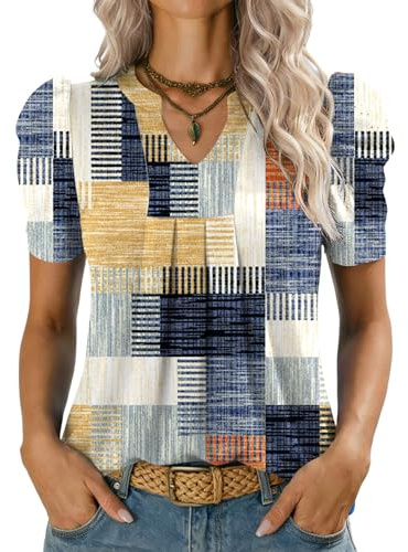 Kistore Camiseta de manga corta abombada con cuello en V para mujer, blusas de moda del Reino Unido, tallas S-XXL