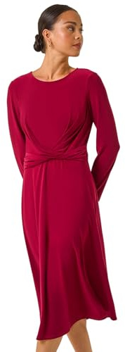 Roman Fit and Flare Dress for Women Ladies Chest Twist Knot Ruched Tea Skater Empire Waist Wedding Guest Smart Casual Swing Midi 3/4 Long Sleeve Knee Length