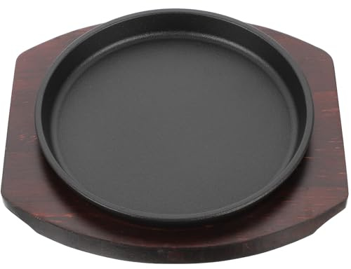 Mobestech Plaque à Steak Fer Épais avec Plateau Bois Antiadhésive pour Cuisson et Service Poêle Polyvalente pour Usage Familial et Extérieur