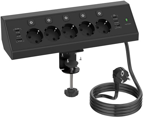 Bordsuttag med USB C 20 W, 5-Vägs Flera Uttag med Strömbrytare, Grenuttag med överspänningsskydd, Grenuttag Skrivbord med Avtagbart Bordsfäste, Hörnuttag för kök och kontor, 1,8 m kabel, Svart
