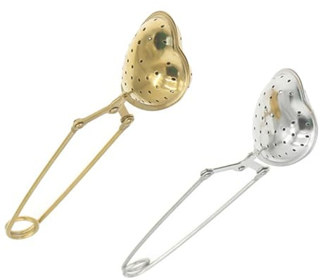Angoily Lot de 2 passoires à thé en acier inoxydable avec poignée, filtre boule en forme de cœur, réutilisable, compatible thé en vrac, argenté et doré, accessoire pour infusion maison et bureau