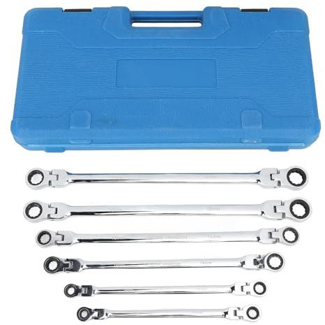 Juego de 6 llaves de trinquete de cabeza flexible métricas de 8 a 19 mm, juego de llaves de trinquete con extremo de caja doble, llave de trinquete extralarga de acero CRV con