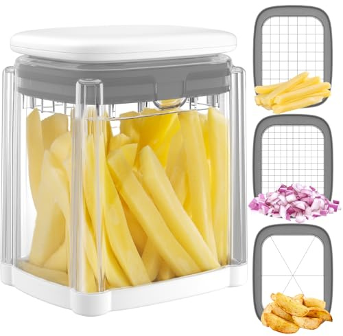 Vihoom Cortador de Patatas, Corta Patatas Fritas con 3 Cuchillas de Acero Inoxidable, Corte Rápido Corta Cebolla, Cortador de Verdura Multifuncional para Verduras y Frutas(Blanco)