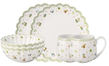 Villeroy & Boch - Easter Delight Frühstücks-Set für 2 Personen 6-teilig Grün, Oster Set mit Speisetellern, Henkelbechern und Müslischalen, Oster Keramik Teller, Tassen und Schüsseln, Premium Porzellan