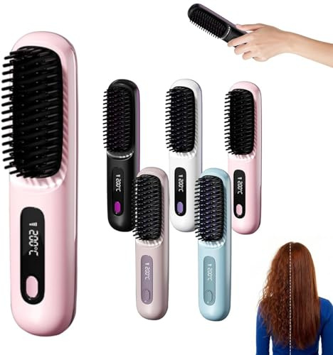 Clinora Brosse Lissante Portable Sans Fil, Brosse Lissante pour Cheveux Court, Brosse Chauffante Sans Fil Naelyah, Anti-BrûLure Avec éCran Led Rechargeable Pour Tous Les Types De Cheveux (Rose)
