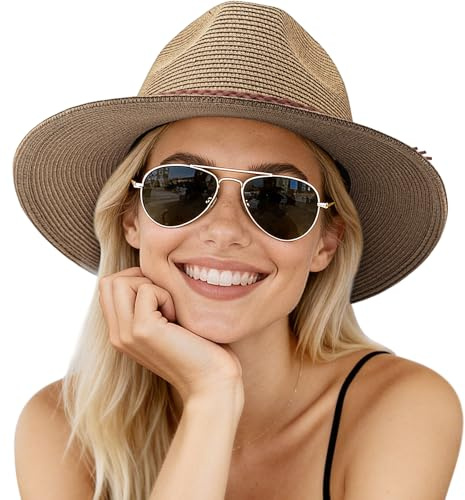 DRESHOW Damen Panama Hut Breiter Krempe Stroh Sommer Fedora Strohhut Panama Aufrollen Hut Strand Rollbar UV Sonnenhut UPF 50 +