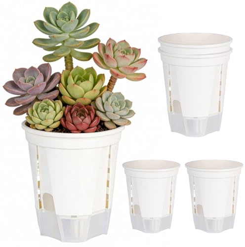Jingmiger Macetas autoregantes para interiores, juego de 5 macetas con orificio de drenaje, macetas autoregadas para interiores, para terraza, balcón, jardín, casa, tomates, fresas