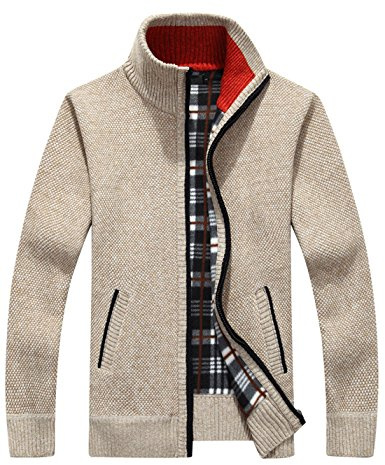 Yeokou Men's Casual Slim Full Zip Thick Knitted Cardigan Sweaters with Pockets (X-Large, Khaki001)