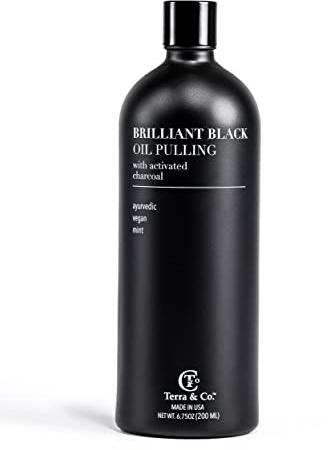 Terra & Co.® Brilliant Black® Oil Pulling Mouthwash | Natural Coconut Oil Rinse with Vitamin E & Activated Charcoal | Fluoride-Free & Alcohol-Free | Fresh Breath, Whiter Smile | Made in USA | 6.75 oz