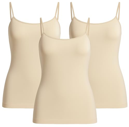 UnsichtBra Pack de 3 Camisetas Interior Mujer Tirantes Finos | Top Ajustado y Moldeador Ligero | Camiseta Shapewear Sin Costuras – Negro, Blanco, Beige