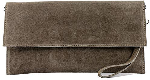 modamoda de T151 Damen Wildleder Rauleder Clutch Umhängetasche Abendtasche handmade in Italy, Farbe:Stone