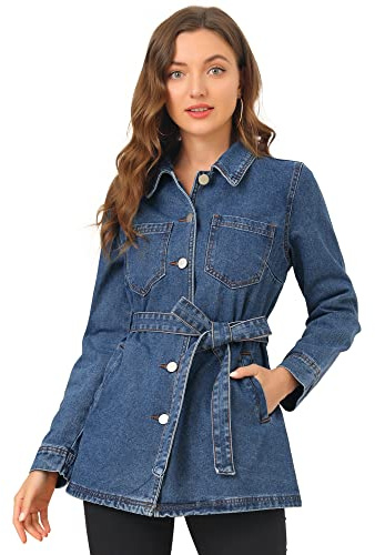 Allegra K Women's Casual Jean Jackets Long Sleeves Tie Waist Button Down Denim Jacket Large Medium Blue
