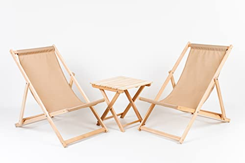 Merinoull set 2 x LOUNGER + bord moderna solstolar vadderade trä trädgård havsstol PATIO SEASIDE fällbar trästrand (beige)