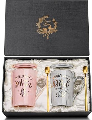 Doublewhale New Parents Gifts, Mum and Dad Mugs, New Mummy and Daddy Gifts, Anniversary Birthday Gift from Daughter Son, 14OZ Gold Print Ceramic Coffee Cup Set with Spoon Lid Card, Nice Gift Box | 14OZ Gold Print Ceramic Coffee Cup, Mummy and Daddy Gifts from Daughter Son, Nice Gift Box, Featuring Funny yet Sweet Saying