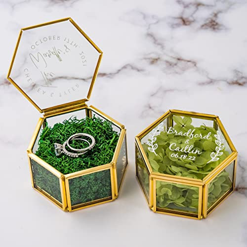 KEMEILA Individuelle Vintage-Schmuck-Glasbox, Hochzeitsring-Box, Schmuck-Displayhalter für Ringe, goldfarben, geometrische Ringträger-Box für Antrag, Hochzeit, Verlobung