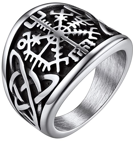 FaithHeart Edelstahl Statement Vikings Kompass Ring mit Keltischer Knot Wikinger Kompass Amulett Siegelring mit Vegvisir Partnerring für Paar Pärchen