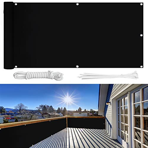 Balkon Sichtschutz 75×1600cm Ohne Bohren, 100% Schutz der Privatsphäre,Blickdichte Balkonumspannung Windschutz UV-Schutz Gartenzaun Schwimmbad-Leitplanke,mit Ösen Kabelbinder und Kordel/Schwarz