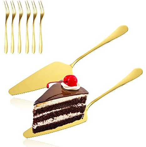NUWIQ 2 Stück Edelstahl Tortenmesser Tortenheber, Kuchenheber Tortenmesser, Kuchenmesser, für Küche Esszimmer und Urlaubspartys, Serviert mit 6 Kuchengabeln, Gold