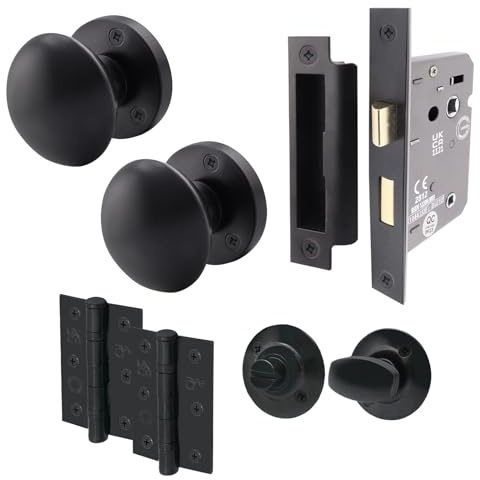 EAI Matt Black Door Knobs with Bathroom Lock 80mm and Hinges - Victorian | Complete Bathroom Kit with 1 Pair of Victorian Mortice 55mm Door Knobs, 80mm Bathroom Lock, 76mm Hinges, Fixings Included