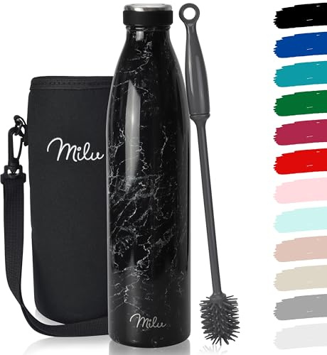 Milu Edelstahl Trinkflasche 350ml 500ml 750ml 1L, 1,5L Thermosflasche, Isolierte Wasserflasche, Auslaufsichere Isolierflasche doppelwandig Kohlensäure geeignet – inkl. Reinigungsbürste (Granit, 750ml)