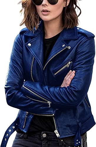 Vagbalena Chaquetas de piel sintética para mujer Cremallera Biker Crop Front Zip Chaquetas de piel de oveja Abrigos delgados Chaquetas de cuero Abrigos con cremallera (Azul,S)