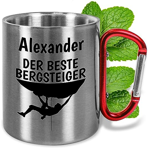 Edelstahl-Tasse mit Karabiner ca. 330ml personalisiert Geschenk für Kletterer Bergliebhaber Männer & Frauen - Metall-Becher mit Namen – Outdoor Camping (Der beste Bergsteiger, Griff Rot)