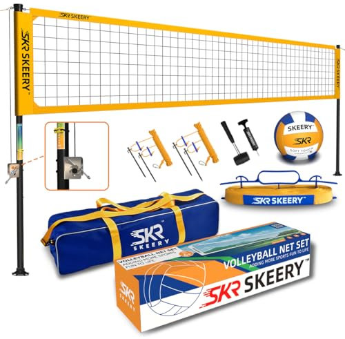 SKEERY Filet de Volleyball Robuste pour l'extérieur, Design tendu, poteaux réglables en Aluminium, Filet de Volley-Ball Portable pour Le Jardin, la pelouse et la Plage (Jaune)