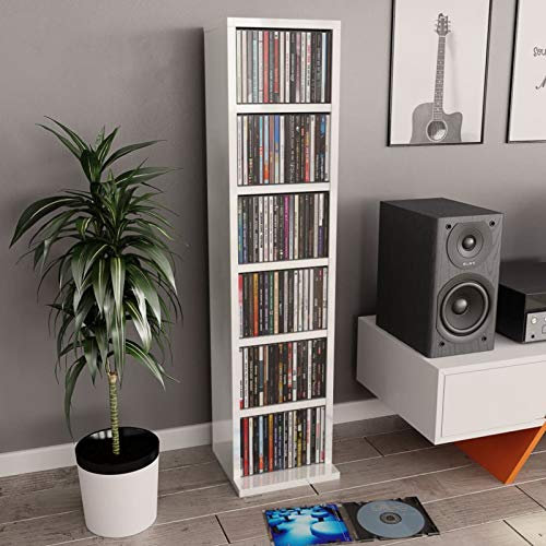ARKEM CD-Regal Hochglanz-Weiß 21x20x88 cm Holzwerkstoff - 6 offene Fächer für CDs, Schallplatten & Zubehör - Wandmontage - Schlafzimmer, Büro oder Arbeitszimmer