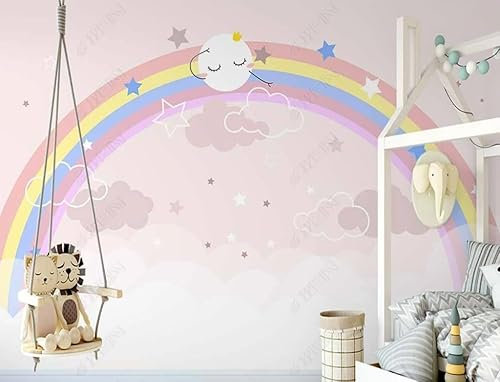Fototapete 3D Effekt Tapeten 3D Cartoon Regenbogen Rosa Sternenhimmel Wolken Kinder Tapete Fototapeten Vlies Wandtapete Wohnzimmer Schlafzimmer Wand Schmücken 300Cm(W)*210Cm(H)