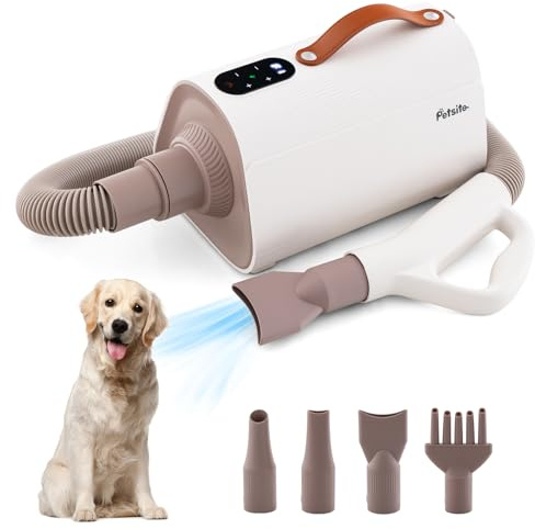 GYMAX Asciugacapelli per Cani, con Funzione Ioni Negativi, Temperatura e Flusso d'Aria Regolabili, 4 Bocchette, Schermo LED Intelligente, Asciugatore Portatile per Animali Domestici