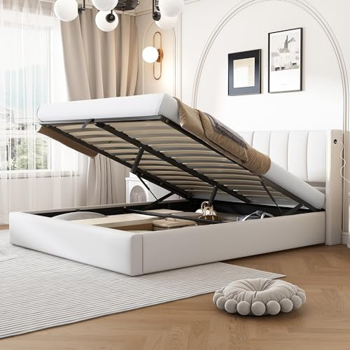 Zravenna Boxspringbett Polsterbett 180x200 cm Weiß, PU Bett mit Stauraum & Lattenrost, Doppelbett mit Verstellbares Kopfteil, Tragfähigkeit 300 kg, Ohne Matratze