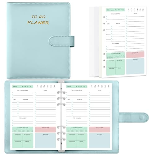 Qefuna Undatierter A5 6 Löcher Loseblatt PU Tagesplaner,Notizbuch mit To Do Liste Aufgabenliste Terminplaner 140 Seiten/70 Blatt Notizblöcke Hard Cover Tagesplanung, für planner,tagesplan-Blau