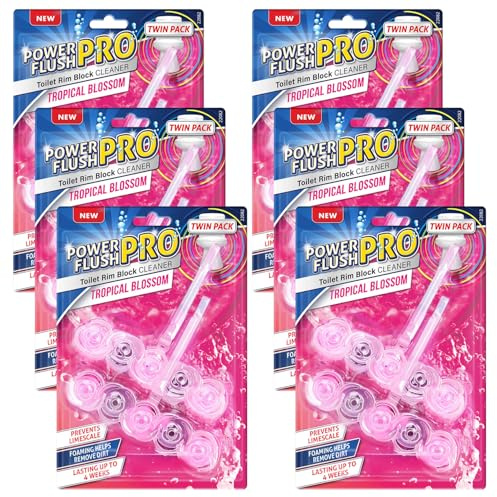 6 Pack Power Flush Pro Tropical Blossom Toilet Rim Block Cleaner (Twin Pack), Clear Water Toilet Rim Block with Anti-Limescale, Cleaning Foam, Dirt Protection and Extra Freshness