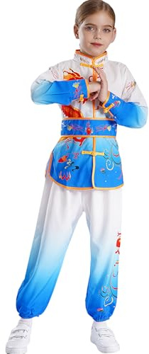 Runhomal Niños Niños Niñas Ropa de artes marciales Dragón Uniforme Estudiante Chino Tradicional Artes Marciales Traje y Pantalones Trajes Espectáculo, azul, 13-14 Años
