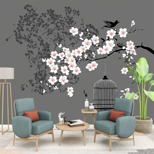 Générique Papier Peint Intissé Style Japonais Déco Murale Maison Chambre Salon, Fleurs de cerisier japonaises et cages à oiseaux Photo Murale Décorative - Pour Jeunesse Enfants 250 x 175 cm