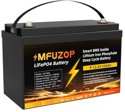 MFUZOP Batería de Litio Recargable 12V 100Ah LiFePO4, Más de 15000 Ciclos y Protección BMS 100A para Autocaravanas, Náutica, Energía Solar, Turbinas Eólicas, Motores de Tracción y Industriales