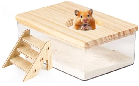 SXTDKMJ Baño de arena para hámster, contenedor de arena de acrílico transparente con escalera de madera, caja de arena para animales pequeños, accesorios para hámster