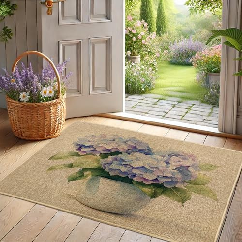 Zerbino floreale con ortensia, con fiori blu e viola, per giardino e ingresso di casa, decorazione stagionale, impermeabile, antiscivolo, assorbe la polvere, facile da pulire, 73 x 43 cm