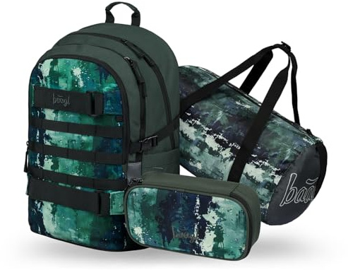 Baagl Schulrucksack Set Jungen 3 Teilig Schultasche Ranzen 25 l - Forest | Skateboard Ergonomischer Schulranzen mit Brustgurt für Schüler ab der 3. Klasse bietet ein Mäppchen sowie eine Sporttasche.