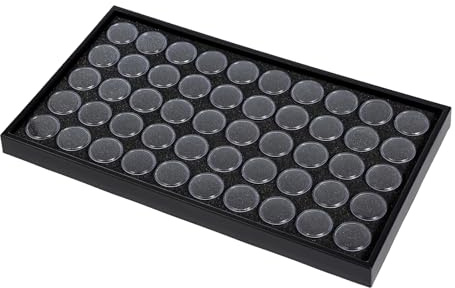 JasperKino 50 Gem Display Case Diamond Gemstone Storage Box, Small Round Plastic Containers Box Jewelry Organizer Container with Foam, Black Foam Gem Jars Showcase with 50 Gemstones Storage Jar