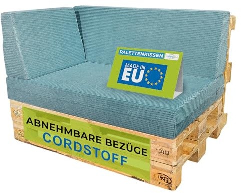 Pillows24 Palettenkissen 3er Set aus Cord, Abnehmbarer Bezug | Sitzkissen & Rückenkissen für Europaletten 120x80, Weiche Palettenauflage für Haus, Garten, Balkon, Made in EU, Türkis