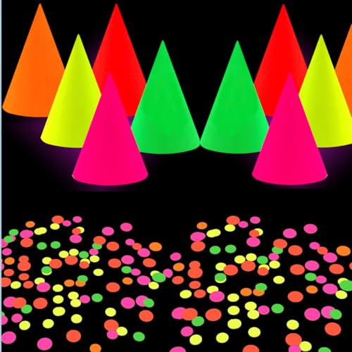 KARLOR Neon Partyhüte + 50g fluoreszierendes rundes Konfetti, Schwarzlicht Party Deko, UV-Leuchtendes Papier, Glow Party Zubehör