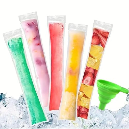 Paquete de 100 bolsas para moldes de helado,Bolsas de Hielo Desechables con Embudo, 11 x 2 cm, Set de Paquetes de Hielo para Bebidas con Frutas, Multicolor